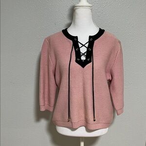 St. John Sport Pink & Black Lace‑Up Sweater 3/4 Sleeve